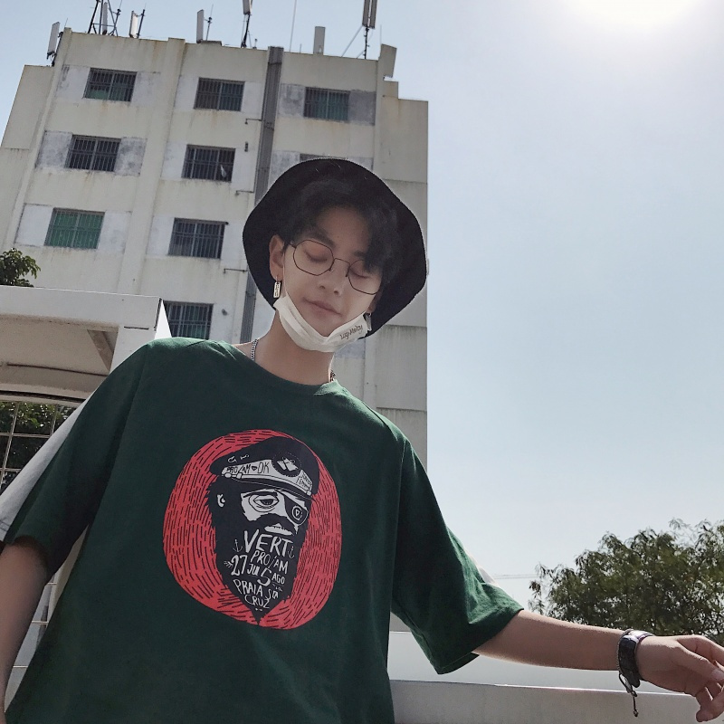 港风日系文艺范男士棉短袖宽松个性印花圆领短袖T恤潮款夏款半袖t