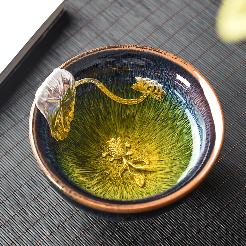 镶银曜变天目建盏茶杯 兔毫盏主人杯单杯十二生肖茶盏银杯 三维工匠 镶银荷叶蓝拉丝盏杯-凤凰高清大图