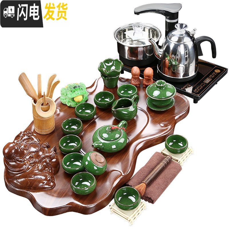 三维工匠功夫茶具套装家用整套紫砂陶瓷全自动实木茶盘电磁炉茶台茶海喝茶 款式7:立体布袋佛+玻璃茶具 22件高清大图