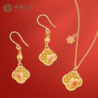 足金999古法珐琅花枝俏系列荷花套链 耳饰 套链7.51克