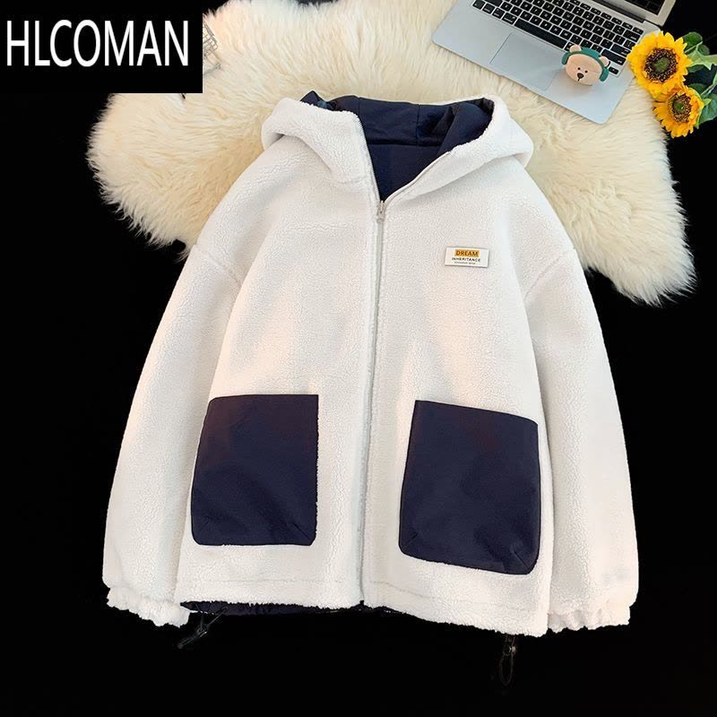 HLCOMAN双面穿羔绒棉衣外套男女冬季休闲宽松百搭情侣加绒p暖显瘦棉袄图片