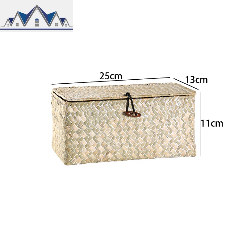 Kens大号编有盖收纳盒 手工编织篮桌面收纳盒 化妆品零食收纳篮 三维工匠 擦白色M