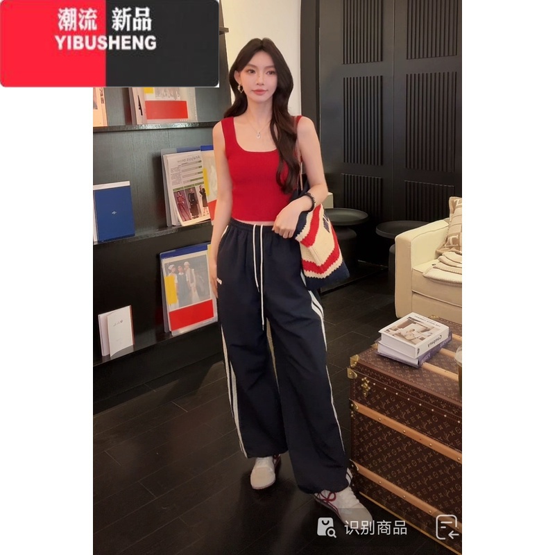 YIBUSHENG美式复古侧边条纹休闲裤女季直筒卫裤宽松显瘦阔腿运动速干裤子高清大图