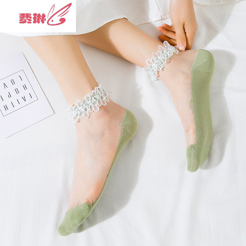 蕾丝袜子女网纱仙女花边网红水晶短袜ins潮夏季薄款透明日系费琳