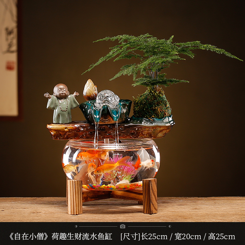 循环流水生财玻璃鱼缸家居客厅电视柜装饰办公室招财摆件开业礼品