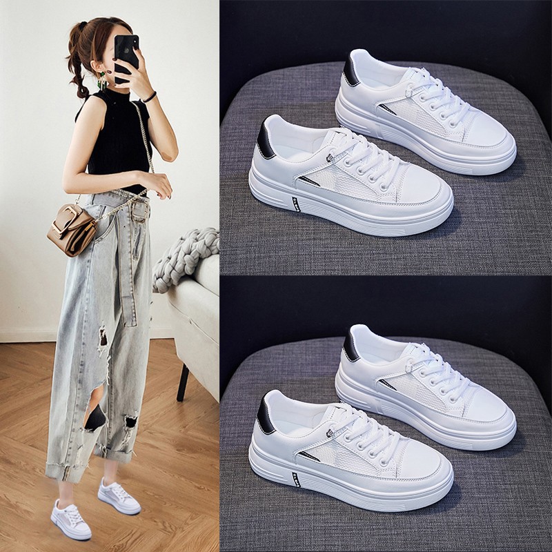 搭配连衣裙子穿小白鞋运动鞋显脚小的女鞋热天透气带打孔休闲鞋白色纱