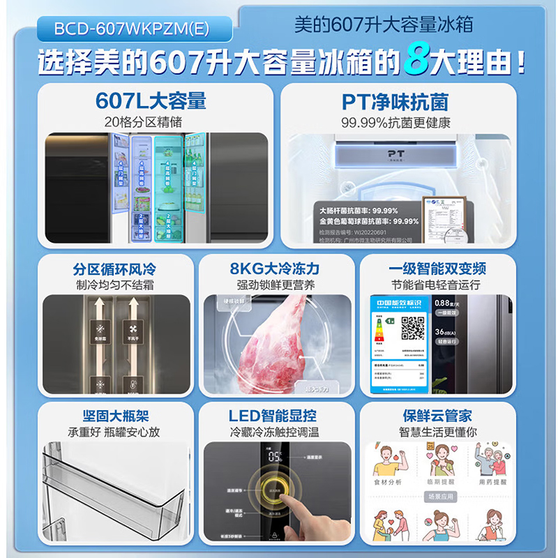美的(Midea)冰箱对开门大容量双开门一级能效变频家用智能电冰箱节能无霜净味 BCD-607WKPZM(E)布朗棕高清大图
