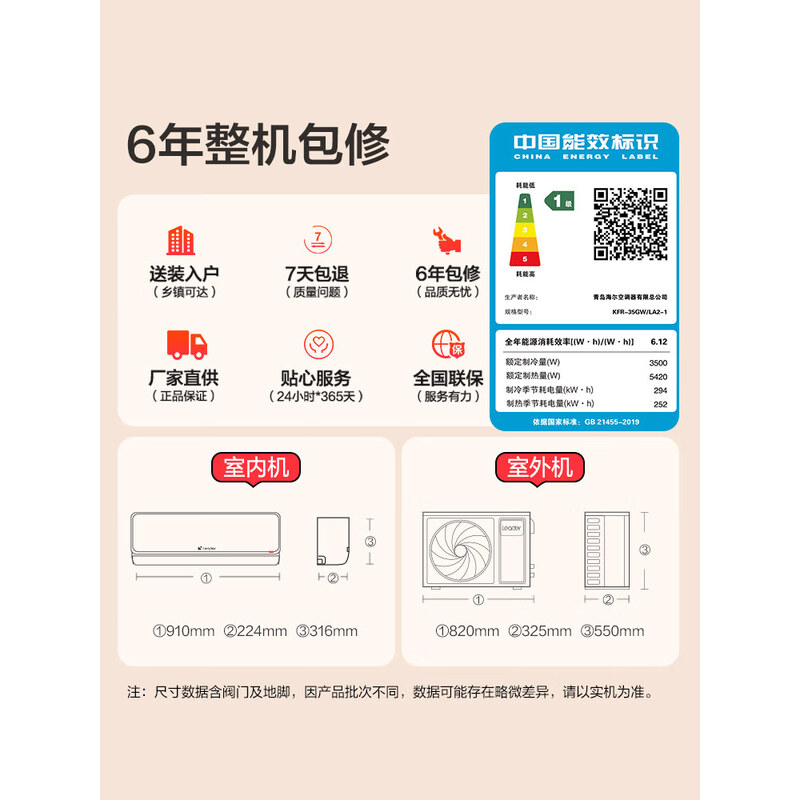 统帅(Leader)海尔空调 海尔智家出品 1.5匹超一级能效双排变频空调 超省电Pro 懒人挂机KFR-35GW/LA高清大图