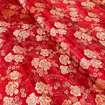 牡丹花中国风织锦缎提花丝绸汉服布料唐装旗袍手工diy包包大红