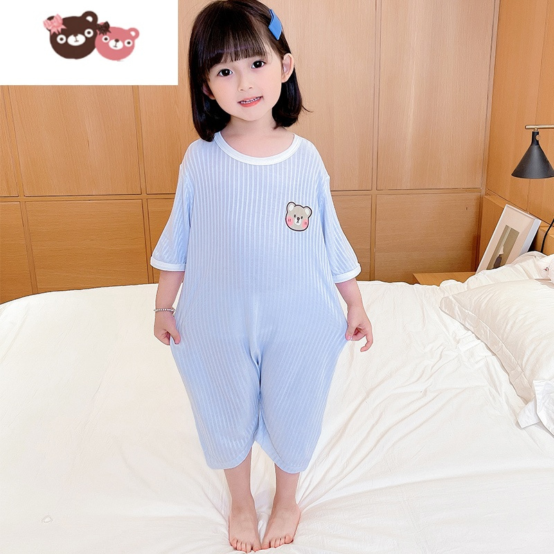 绿彩虹光女宝宝连体睡衣防踢夏季薄儿童空调家居服护肚女童连身莫代尔连身衣