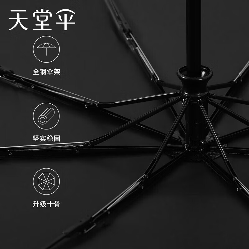 天堂伞38017E三折黑胶自动伞高清大图