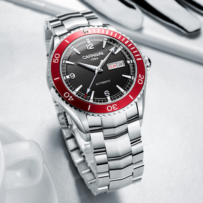 瑞士嘉年华CARNIVAL手表男士进口Miyota机芯全自动机械表 男表厚重型时尚休闲夜光防水金属精钢手表8750高清大图