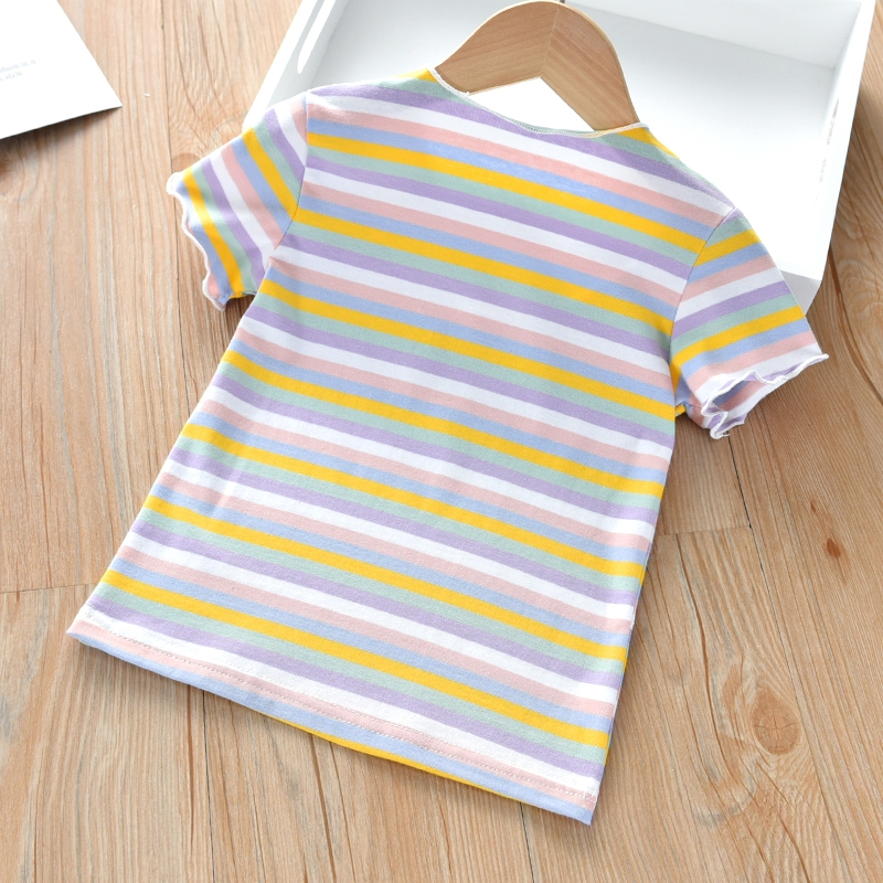 童装新款女童夏装t恤智扣可爱女宝宝木耳边条纹短袖上衣儿童休闲t恤衫