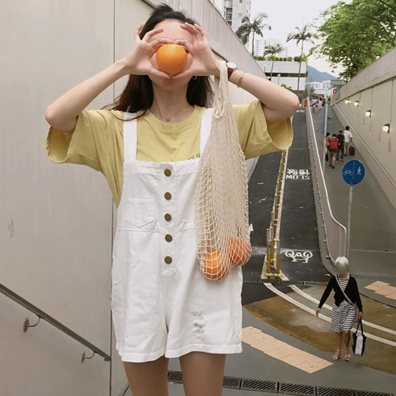 夏装女装韩版宽松百搭高腰破洞牛仔裤背带裤阔腿裤休闲裤短裤显瘦白色均码