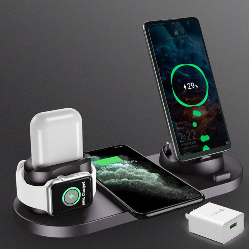 无线充电器多功能快充通优雅黑六合一10w快充苹果安卓手机座充aipodsi