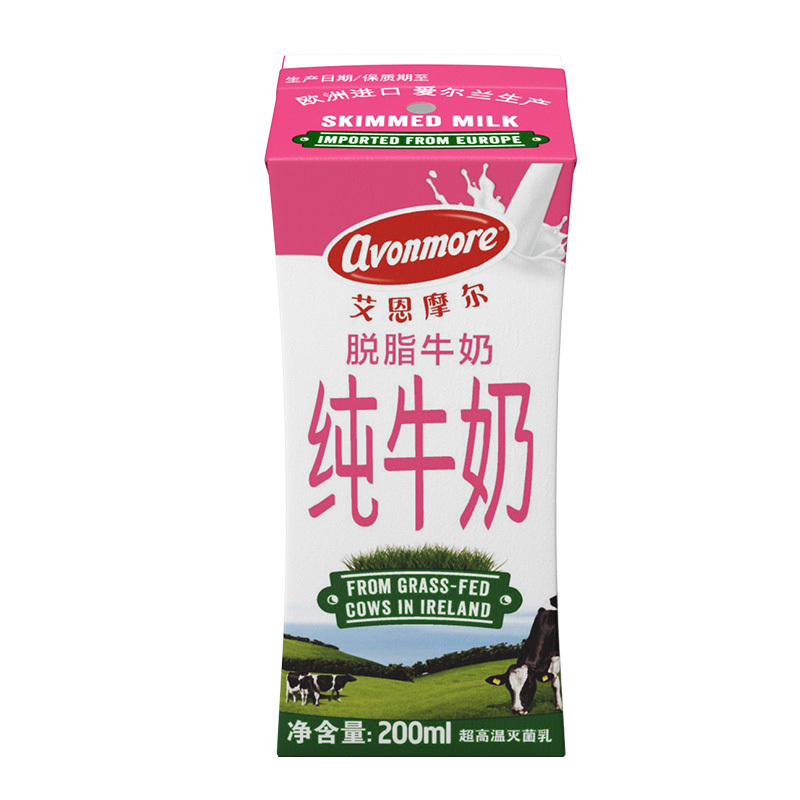 爱尔兰原装进口 艾恩摩尔(AVONMORE)脱脂纯牛奶200ml*12