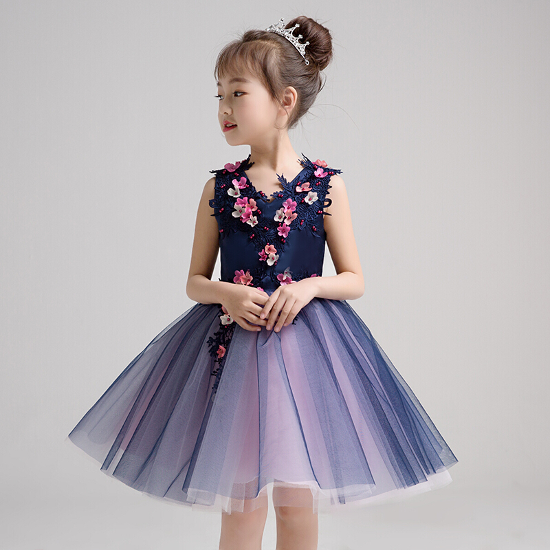 儿童公主裙走秀礼服女童小主持人模特演出服花童婚纱女宝宝蓬蓬裙藏青