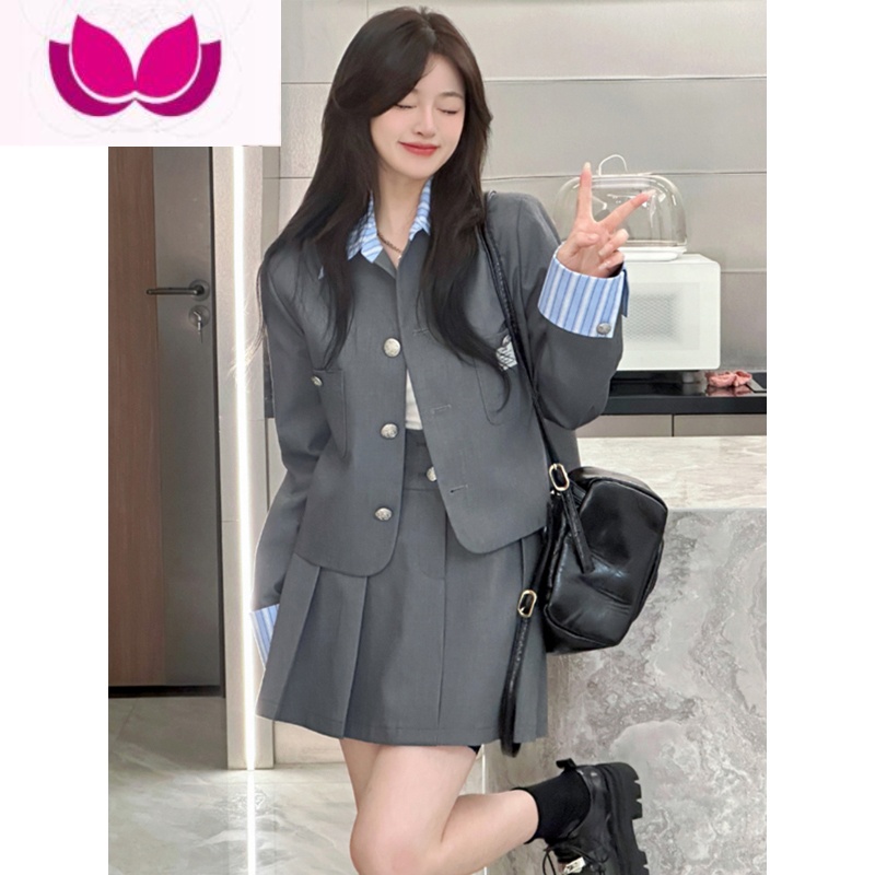 七斓洋气网红套装女春季学院风职业西装外套百褶半身裙活泼减龄套 M 灰色套装休闲/时尚/御姐风/小个子高级感/今年流行套装裙/复