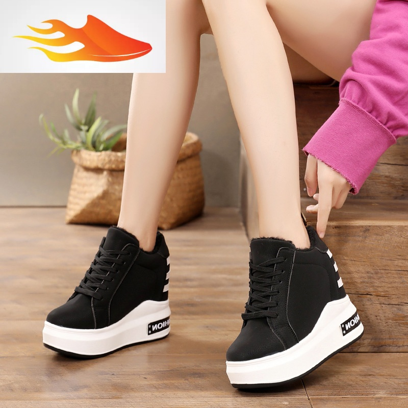 fishbasket10厘米内增高女鞋秋冬新款加绒棉鞋厚底松糕休闲鞋磨砂粉色