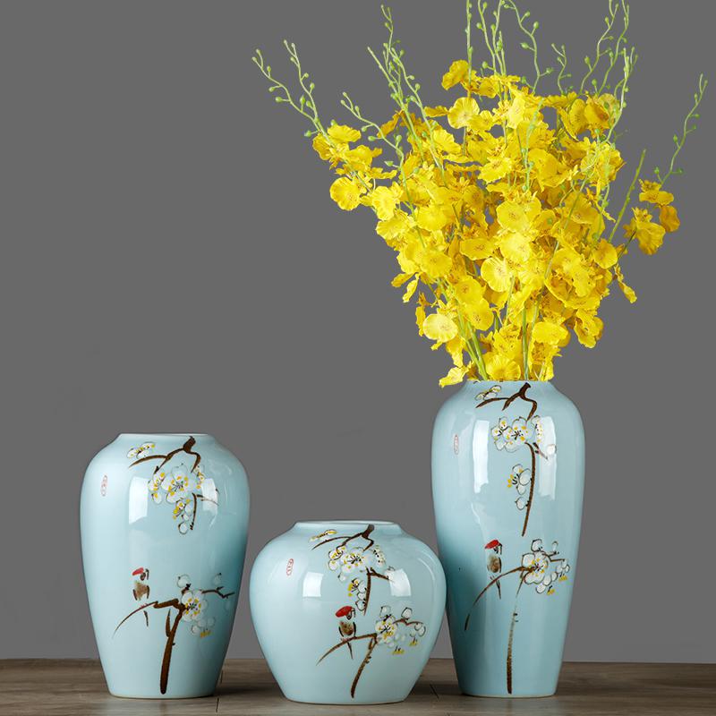 现代新中式三件套摆件景德镇陶瓷器花瓶插花禅意客厅玄关装饰品 三维工匠 [白梅红枝鸟]小号款高清大图