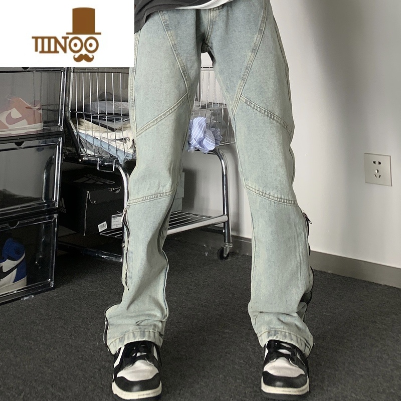 YANXUGTGA美式高街水洗做旧牛仔裤潮牌拉链设计感修身显瘦男女修N拉瘦高清大图