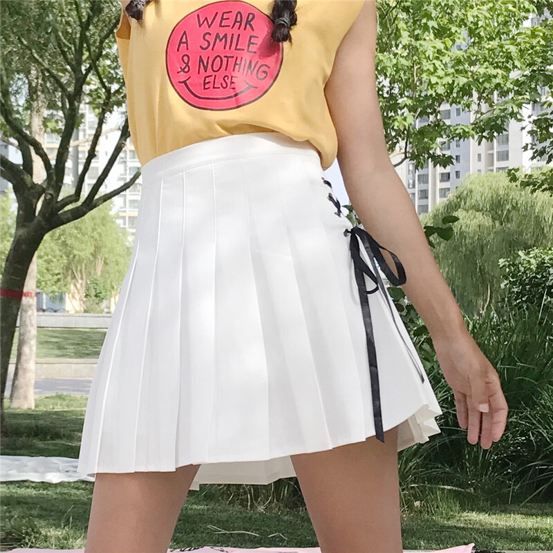 春夏女装韩版小清新少女绑带高腰百褶裙学生半身裙百搭短裙A字裙