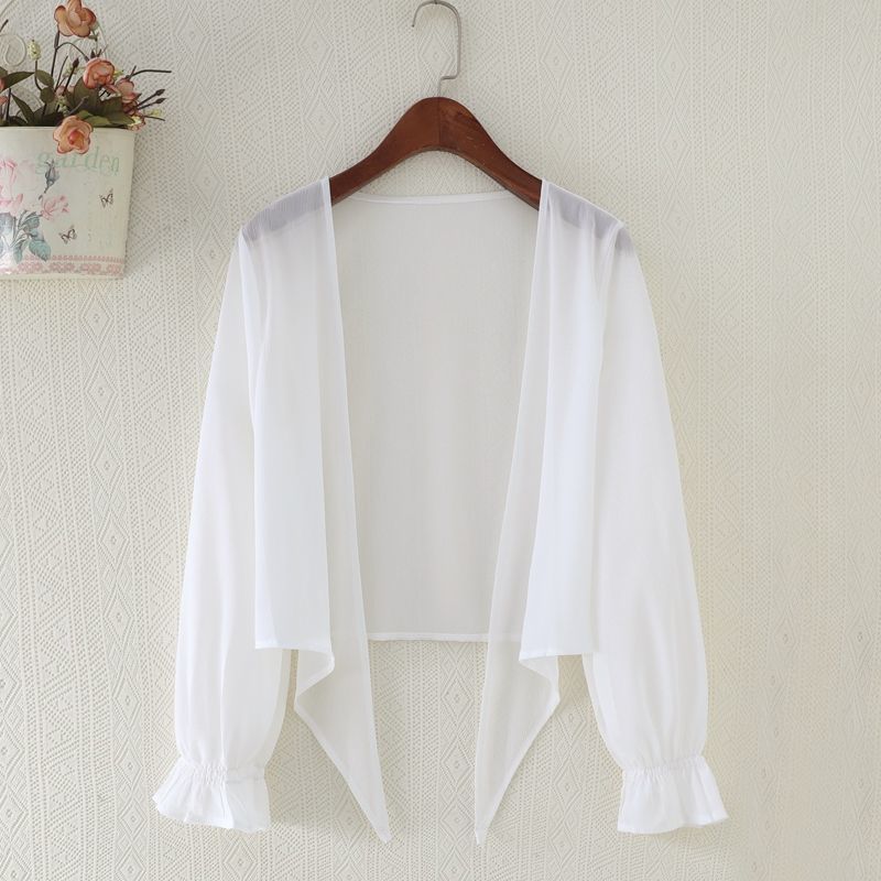 雪纺外套女薄披肩开衫海边夏季小外搭上衣新款披风长袖短款防晒衣白色