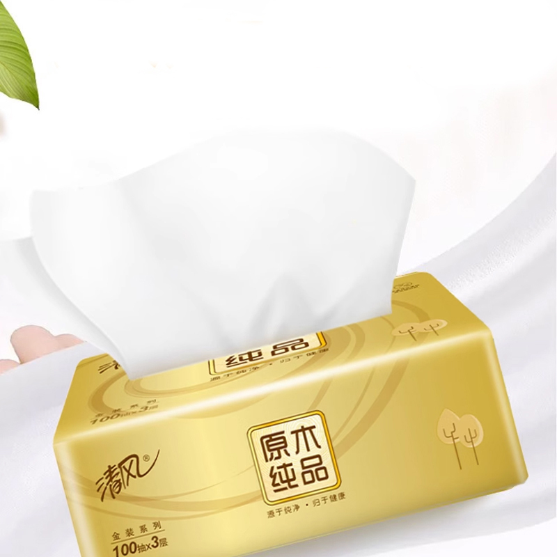 清风纸巾抽纸原木纯品金装3层100抽卫生纸家用整箱24包实惠装