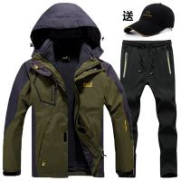 冲锋衣男三合一冬季加绒加厚两件套登山服女户外防风衣裤套装潮牌_1_4 L （男）军绿+黑裤【送帽子】