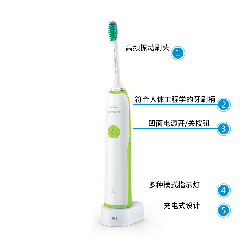 飞利浦(Philips)电动牙刷成人声波震动式 男女充电式牙刷23000次/分钟 清洁口腔 HX3216/31清新果绿高清大图