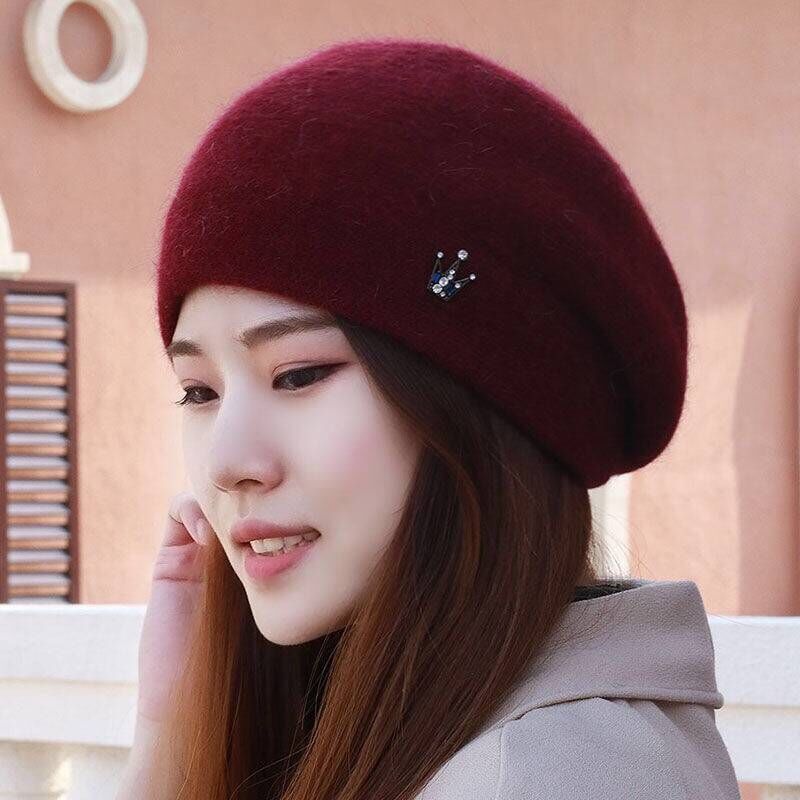 冬季帽子女时尚贝雷帽韩版画家帽保暖可爱兔毛针织毛线帽中老年帽