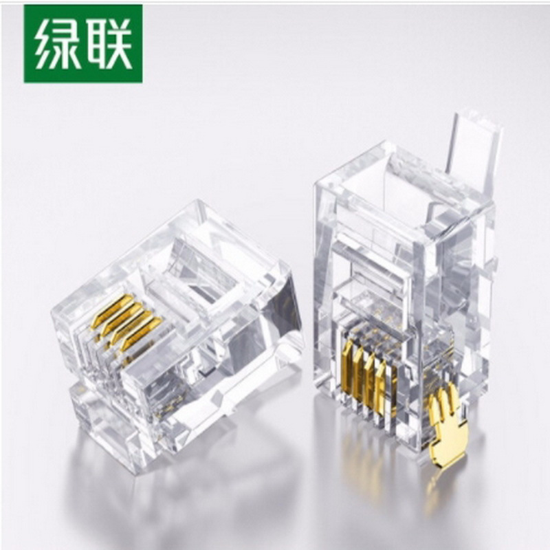 (HX)绿联 电话水晶头 6P4C电话线接头 RJ11语音电话线4芯2芯连接器 座机话筒传真机纯铜镀金插头 4芯100个装-支持电话机/传真机