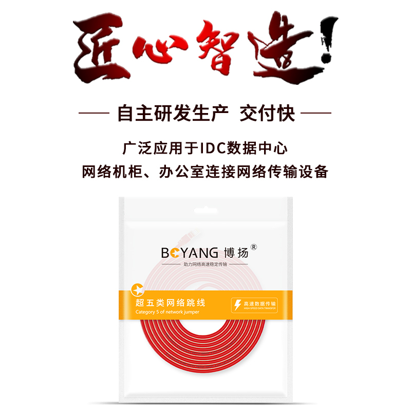博扬 超五类网络跳线 非屏蔽千兆成品网线 CAT5e(24AWG)无氧铜双绞线 10米 红 POE供电工程线