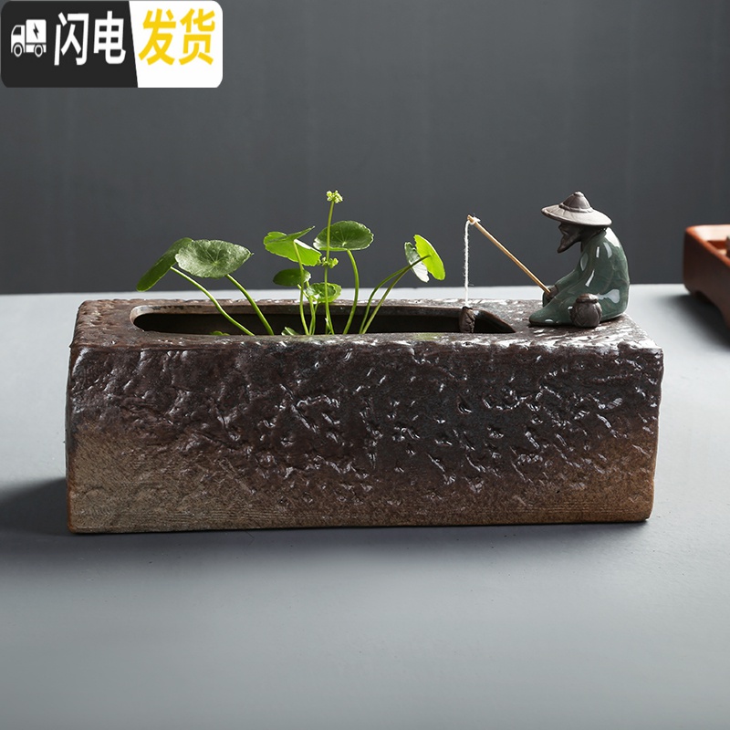 三维工匠水仙花铜钱水培花盆水养的仿石头盆景碗莲睡莲个性创意陶瓷无孔 深灰色F-石-3 中等花盆容器高清大图