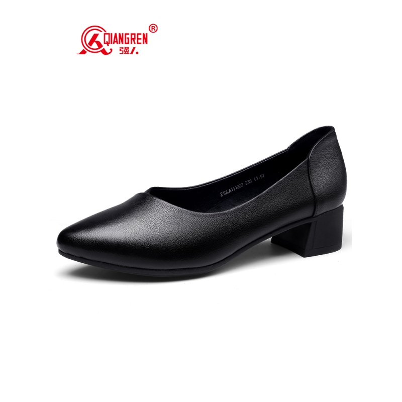 强人3515女鞋春季浅口女单鞋真皮透气ol工作鞋中跟尖头百搭小皮鞋 21