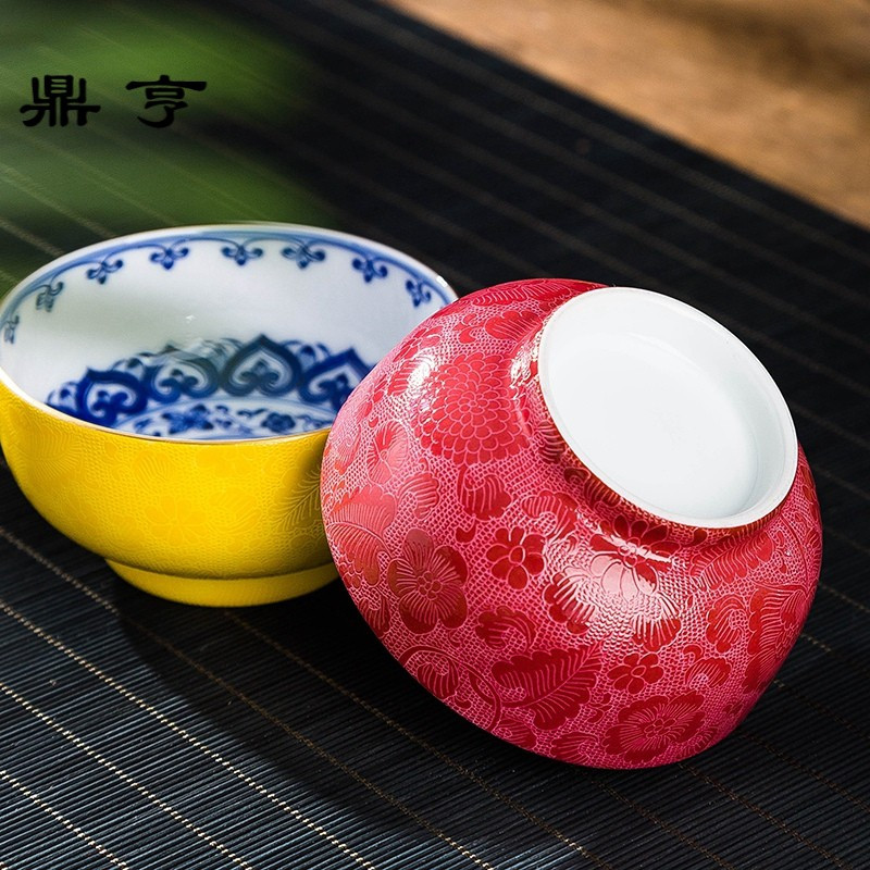 鼎亨景德镇茶具纯手工扒花个人杯青花主人杯手绘小茶杯单杯对杯陶
