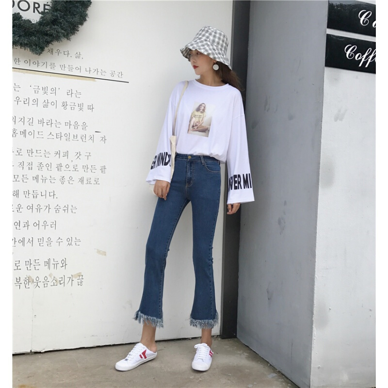 微喇叭裤女九分裤黑色高腰流苏牛仔裤秋季韩版弹力显瘦毛边长裤潮