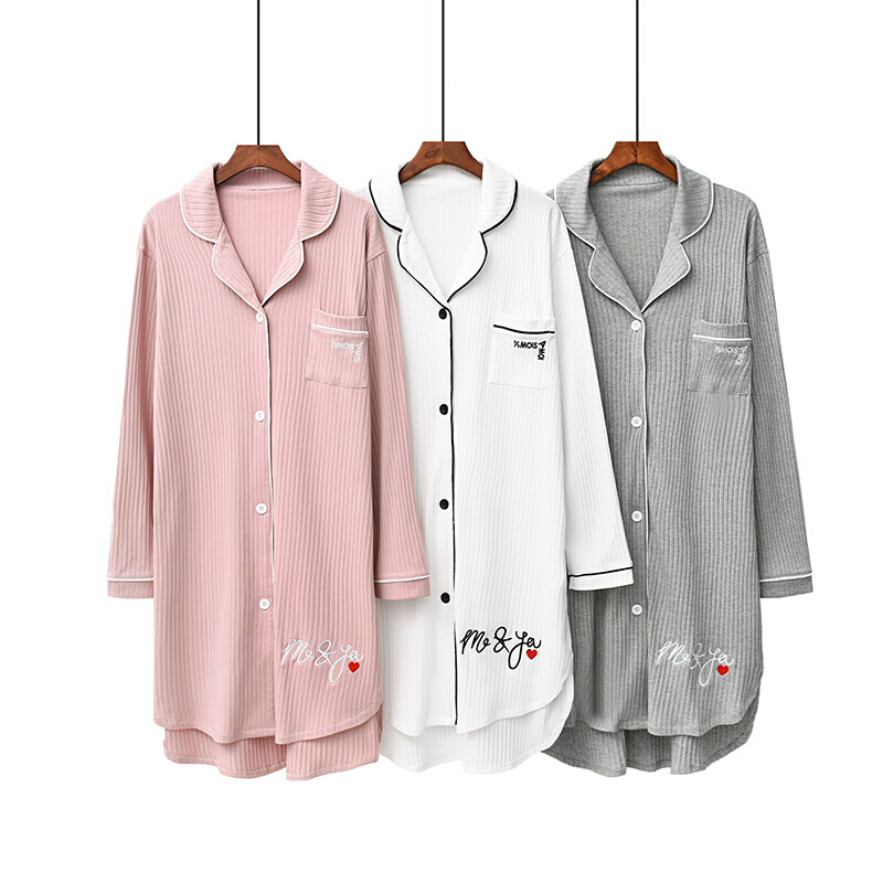 波迷娜（BOMINA)2021新款睡裙棉女春简约长袖开衫翻领刺绣爱心中中裙睡衣 7339藏蓝 均码
