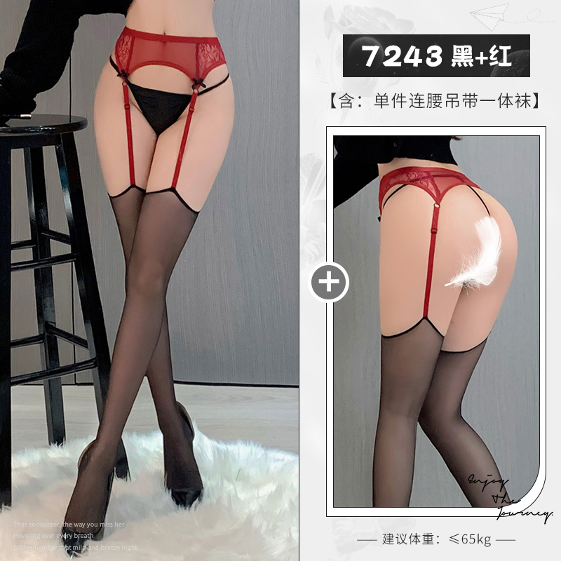 霏慕性感情趣内衣蕾丝吊袜带一体连裤袜女式情趣睡衣黑丝袜女士衣服7243 7243黑+红【单件连裤袜】 均码