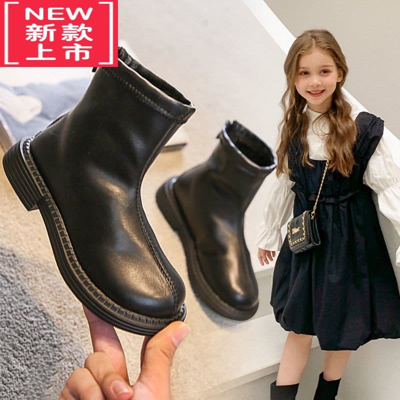 可莉允品牌女童短靴2022冬季新款中大童时尚百搭黑色单靴女孩皮靴儿童靴靴子图片