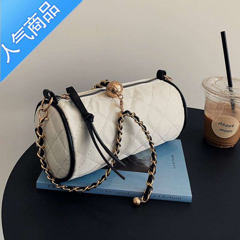 封后2021秋新款水桶链条包金珠枕头圆筒包斑马纹帆布包包女单肩斜挎包手提包