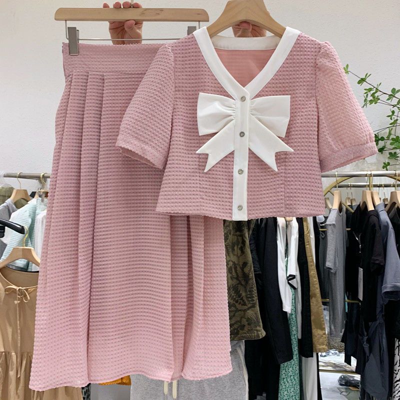 大码女装半身裙两件套女2021夏季新款洋气显瘦小香风连衣裙套装 粉色上衣单件 M