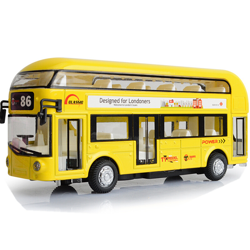 车仿真合金车汽车模型儿童玩具公共汽车公交车双层旅游巴士黄色视频