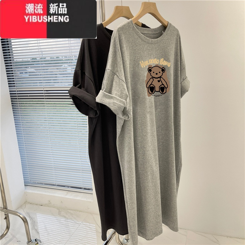 YIBUSHENG短袖t恤裙子女装季衣服胖mm大码遮肚子长裙休闲过膝连衣裙
