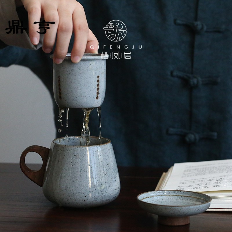 鼎亨栖凤居 陶瓷办公室泡茶杯子马克杯 实木把手防烫带盖过滤茶杯
