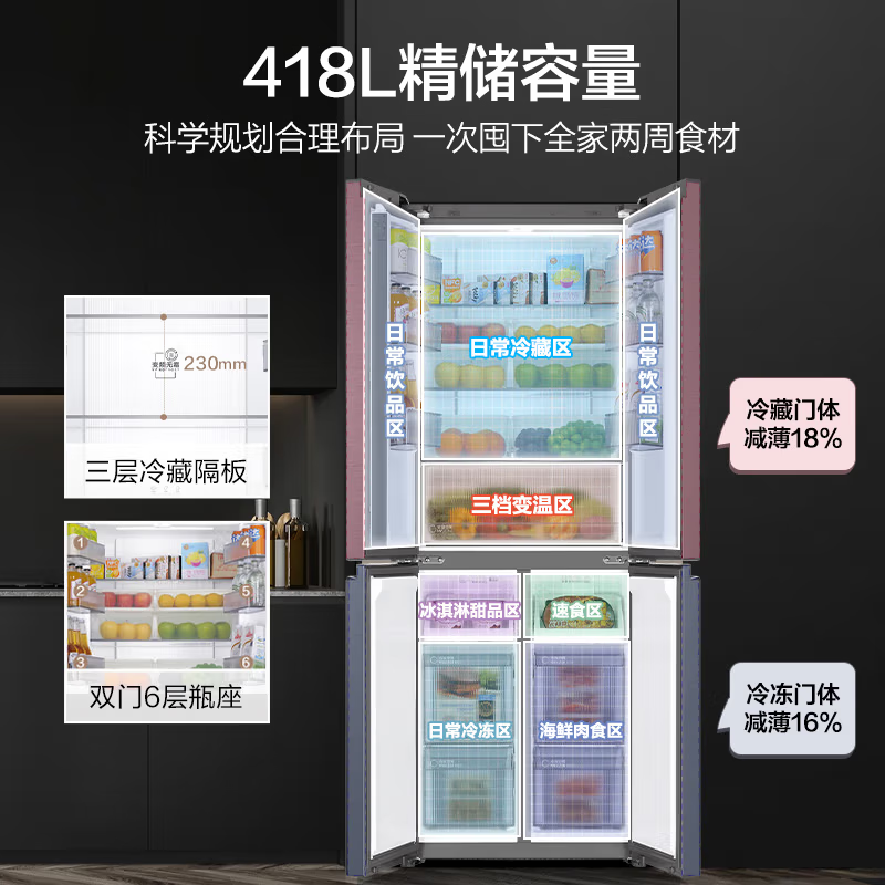 海尔(Haier)418升十字对开门冰箱大容量594mm超薄零嵌 一级变频黑金净化风冷无霜家用电冰箱高清大图