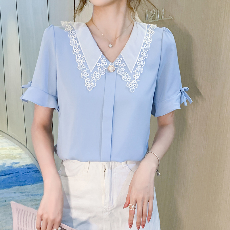 晗亦然2021夏季新款女装韩版设计感娃娃领雪纺衫减龄衬衫气质短袖上衣潮9839