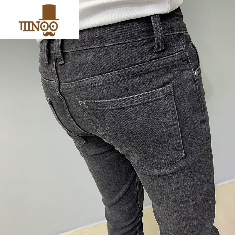 YANXU弹力九分牛仔裤男2023薄款潮流韩版百搭纯色修身小脚分紧裤0高清大图