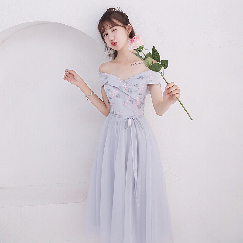 伴娘服中长款女2018新款夏韩版灰色伴娘裙子晚礼服姐妹团显瘦婚礼