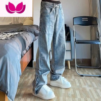 七斓欧美vibe风高街刺绣排扣开叉牛仔裤男女宽松ins潮牌嘻哈炸街长裤